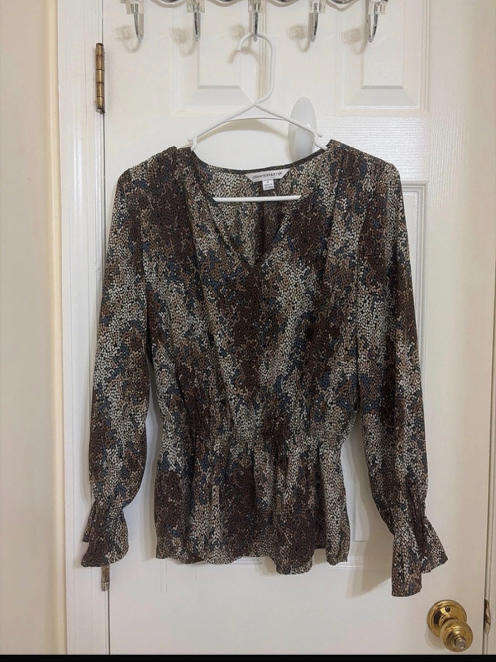 Brown Snake-Print Long-Sleeve Peplum Top